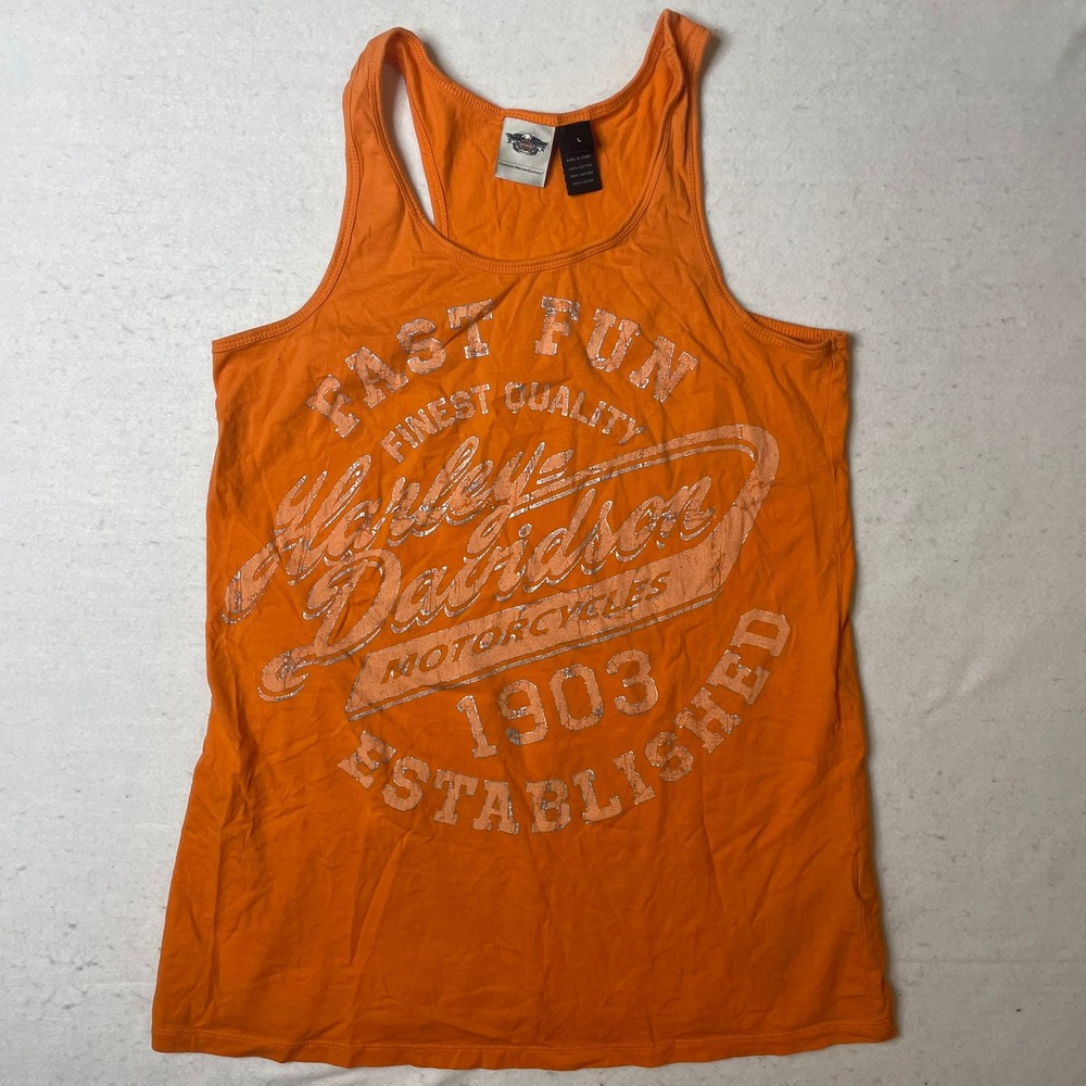 Harley Davidson Motorcycles Tank Top Orange Graphic Sleeveless Womens L